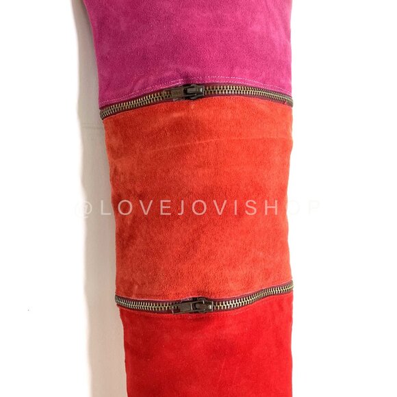 Vintage 80s | Maximalist Tiered Suede Thigh High to Ankle Boots Pink Fuchsia Red - Picture 12 of 16